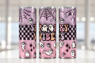 Spooky Vibes: ghosts and checkerboard on purple — three views of one stainless steel tumbler