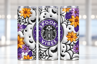 Spooky Vibes coffee parody with flowers and webs — three views of one stainless steel tumbler