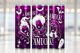 Three Witches and Lettering — three views of one stainless steel tumbler