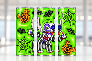 Striped-Suit Blue Creature — three views of one stainless steel tumbler