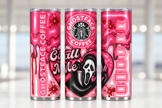 Screaming-Mask Character coffee parody: Call Me heart — three views of one stainless steel tumbler