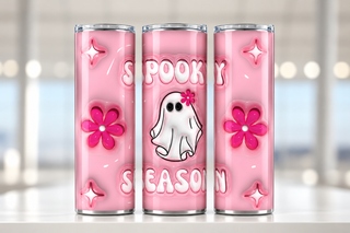 Spooky Season: ghost and pink flowers — three views of one stainless steel tumbler