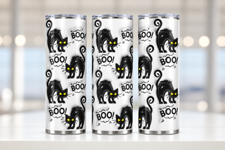 Black cats and Boo on white — three views of one stainless steel tumbler