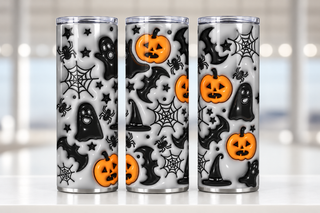 Ghosts, jack-o-lanterns and witch hats on gray — three views of one stainless steel tumbler