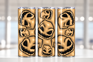 Burlap Creature faces on tan — three views of one stainless steel tumbler