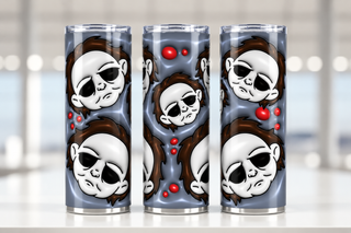 Pale-Masked Character face pattern on blue-gray — three views of one stainless steel tumbler