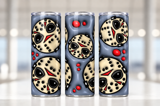 Hockey-Masked Character mask pattern on blue-gray — three views of one stainless steel tumbler