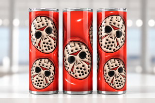 Hockey-Masked Character masks on red — three views of one stainless steel tumbler