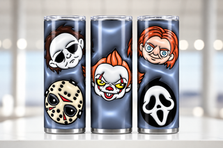 Mixed horror faces on blue-gray — three views of one stainless steel tumbler