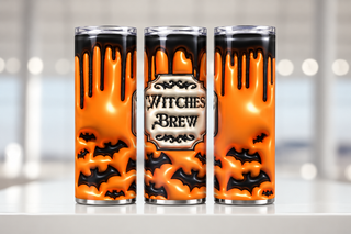 Witches Brew: orange and black bats — three views of one stainless steel tumbler