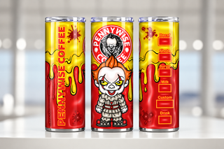 Sinister Clown coffee parody on yellow — three views of one stainless steel tumbler