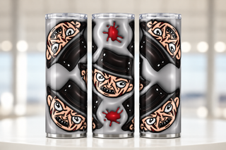 Fedora-Wearing Horror Character faces on gray — three views of one stainless steel tumbler