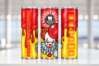 Sinister Clown coffee parody: Horror balloon design — three views of one stainless steel tumbler