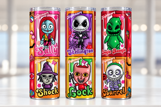 Spooky Storybook characters in toy-style boxes — three views of one stainless steel tumbler
