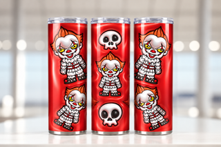 Sinister Clown figures and skulls on red — three views of one stainless steel tumbler