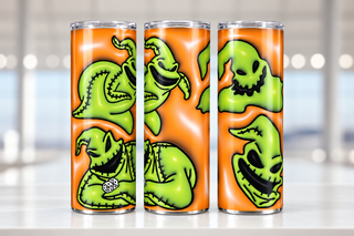 Burlap Creature faces on orange — three views of one stainless steel tumbler
