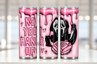 Screaming-Mask Character on pink phone: No You Hang Up — three views of one stainless steel tumbler