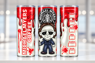 Pale-Masked Character coffee parody — three views of one stainless steel tumbler