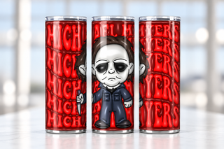 Pale-Masked Character with repeated name lettering — three views of one stainless steel tumbler