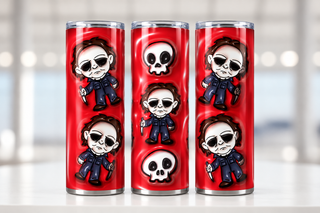 Pale-Masked Character figures and skulls on red — three views of one stainless steel tumbler