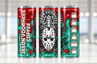 Hockey-Masked Character coffee parody: mask and floral accents — three views of one stainless steel tumbler