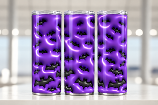Black bats on purple — three views of one stainless steel tumbler