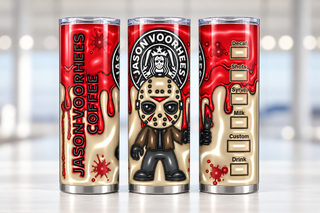 Hockey-Masked Character coffee parody: cartoon figure — three views of one stainless steel tumbler