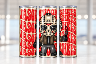 Hockey-Masked Character with repeated name lettering — three views of one stainless steel tumbler