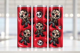 Hockey-Masked Character figures and skulls on red — three views of one stainless steel tumbler