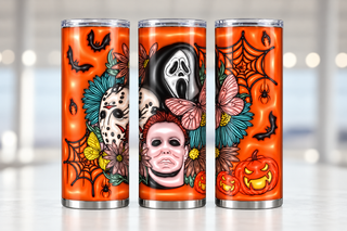 Horror masks and butterflies on orange — three views of one stainless steel tumbler