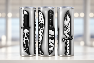 Horror character faces reflected in knives — three views of one stainless steel tumbler