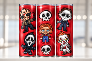 Mixed horror figures and skulls on red — three views of one stainless steel tumbler