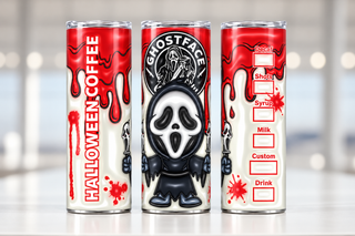 Screaming-Mask Character Halloween coffee parody — three views of one stainless steel tumbler