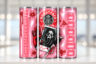 Screaming-Mask Character coffee parody: Call Me photo and knives — three views of one stainless steel tumbler
