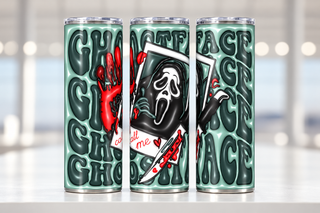 Screaming-Mask Character Call Me on teal-green — three views of one stainless steel tumbler