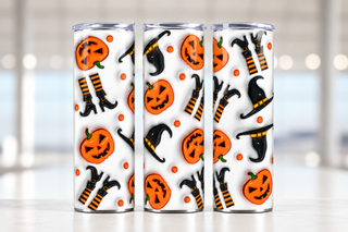 Witch hats, boots and jack-o-lanterns — three views of one stainless steel tumbler