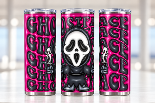 Screaming-Mask Character with repeated name lettering on pink — three views of one stainless steel tumbler