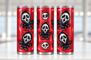 Screaming-Mask Character figures and skulls on red — three views of one stainless steel tumbler