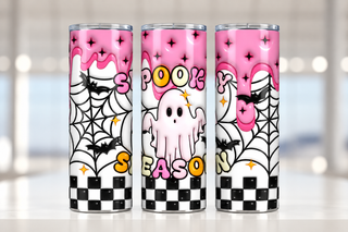 Spooky Season: ghost, pink web and checkerboard — three views of one stainless steel tumbler