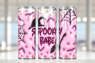 Spooky Babe: witch hat on pink — three views of one stainless steel tumbler