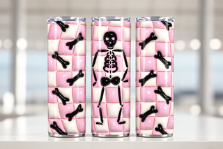 Skeleton and bones on pink checkerboard — three views of one stainless steel tumbler