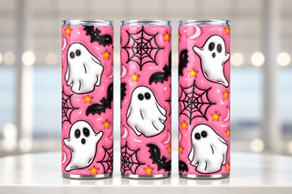 White ghosts, bats and webs on pink — three views of one stainless steel tumbler