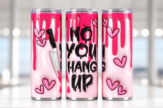 No You Hang Up: knife and pink hearts — three views of one stainless steel tumbler