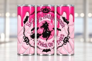 Happy Halloween Trick or Treat: witch on pink — three views of one stainless steel tumbler
