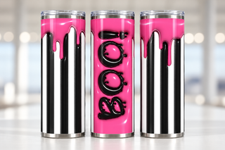 Boo: black-white-pink stripes — three views of one stainless steel tumbler