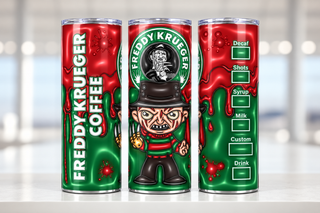 Fedora-Wearing Horror Character coffee parody — three views of one stainless steel tumbler