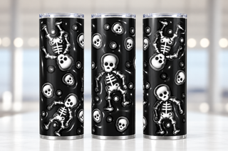 Skeleton and skull pattern on black — three views of one stainless steel tumbler