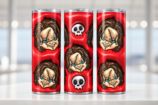 Orange-Haired Doll faces and skulls on red — three views of one stainless steel tumbler