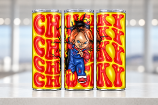 Orange-Haired Doll with knife and repeated name lettering — three views of one stainless steel tumbler