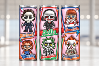 Horror characters in toy-style boxes — three views of one stainless steel tumbler
